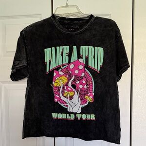 Fifth Sun Black Tee with Pink & Yellow Mushroom Graphic